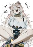  1girl :d ^_^ absurdres animal_ears bangs black_choker black_footwear black_shorts blush bra_strap breasts choker cleavage closed_eyes controller dualshock fangs game_controller gamepad grey_hair hair_between_eyes highres holding holding_controller hololive indian_style jewelry large_breasts lion_ears lion_tail long_hair mitsuki3s_kir necklace off_shoulder open_mouth playstation_controller print_shirt shirt shishiro_botan shoes short_shorts shorts simple_background sitting smile sneakers solo t-shirt tail very_long_hair virtual_youtuber white_background 
