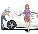  1boy 1girl black_pants blue_hair breasts car closed_eyes couple erza_scarlet facial_mark fairy_tail formal ground_vehicle hair_between_eyes hetero jellal_fernandes legs long_hair long_sleeves mashima_hiro motor_vehicle necktie pants red_hair shoes short_hair skirt smile smoke spiked_hair steam turtleneck white_background 