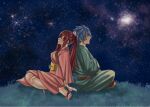  1boy 1girl back-to-back blue_hair blush breasts couple erza_scarlet facial_mark fairy_tail hair_between_eyes hetero japanese_clothes jellal_fernandes kimono long_hair mashima_hiro night night_sky ponytail red_hair short_hair sitting sky smile spiked_hair star_(sky) starry_sky tanabata tattoo yukata 