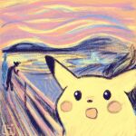  2others abstract_background bridge fine_art_parody highres iviedraws meme multiple_others open_mouth parody pikachu pokemon sunset surprised_pikachu_(meme) the_scream water 
