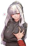  1boy 1girl 2poet ak-12_(girls&#039;_frontline) bangs black_shirt blush breast_grab crossed_arms girls&#039;_frontline grabbing grey_hair griffin_&amp;_kryuger_military_uniform hand_on_another&#039;s_chest heart hetero highres korean_commentary long_hair long_sleeves looking_at_viewer one_eye_closed open_mouth parted_lips ponytail purple_eyes shirt smile solo_focus spoken_heart sweatdrop upper_body white_background 