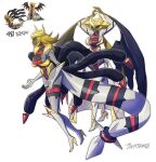  1girl alternate_costume alternate_hairstyle black_gloves black_sclera black_skin black_wings blonde_hair bodysuit boots breasts cape cleavage colored_sclera colored_skin elbow_gloves fingernails giratina gloves grey_bodysuit high_heels highres humanization knee_boots large_breasts pokemon red_eyes sharp_fingernails tamtamdi white_cape white_footwear white_gloves wings yellow_lips 