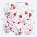  1girl alcremie alcremie_(salted_cream) alcremie_(strawberry_sweet) blush braid chibi dress food-themed_hair_ornament fork gloves hair_ornament hair_rings hat hibi89 high_heels holding holding_fork long_hair looking_at_viewer mob_cap open_mouth personification pokemon red_eyes solo strawberry_hair_ornament twin_braids very_long_hair white_dress white_footwear white_gloves white_hair white_headwear 