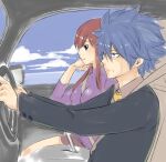  1boy 1girl bangs blue_hair blue_sky breasts brown_eyes car car_interior couple driving erza_scarlet facial_mark fairy_tail formal from_side ground_vehicle hair_between_eyes hetero jacket jellal_fernandes long_hair long_sleeves mashima_hiro motor_vehicle necktie profile red_hair short_hair skirt sky smile spiked_hair steering_wheel tattoo turtleneck 