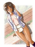  1girl absurdres bench blush breasts brown_eyes brown_hair cleavage collarbone fundoshi girls_und_panzer highres hiyama_yuu_(wee259hiyama) japanese_clothes looking_at_viewer navel no_bra on_bench open_mouth outdoors sawa_azusa shiny shiny_hair short_hair sitting small_breasts solo sweat tan tanlines yamakasa 