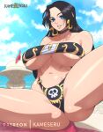  1girl ass bikini boa_hancock breasts covered_nipples huge_breasts kameseru large_breasts looking_at_viewer monkey_d._luffy one_piece solo spread_legs swimsuit underboob 