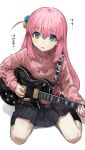  1girl absurdres blue_eyes bocchi_the_rock! electric_guitar gotou_hitori guitar hair_between_eyes hair_ornament highres holding holding_instrument instrument jacket long_hair looking_at_viewer nervous open_mouth pink_hair pink_jacket seiza sidelocks simple_background sitting skirt solo sweatdrop tachibana_wataru_(123tsuki) translation_request white_background 