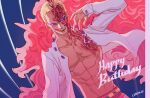  1boy artist_name blonde_hair blood blood_on_face blue_background brancrokie coat donquixote_doflamingo feather_coat happy_birthday highres long_sleeves male_focus muscular one_piece open_clothes open_mouth open_shirt pink_coat shirt short_hair signature smile solo sunglasses teeth tongue tongue_out white_shirt 