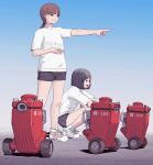  2girls black_hair brown_hair highres multiple_girls original pointing ponytail robot science_fiction short_hair short_shorts shorts squatting sukabu 