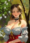 1girl blonde_hair breasts brown_hair choker cleavage dappled_sunlight day dress frilled_choker frills green_eyes highres large_breasts looking_at_viewer original outdoors ribosoma_42 solo sunlight tree 