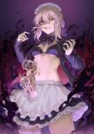  1girl angry apron artoria_pendragon_(alter_swimsuit_rider)_(fate) artoria_pendragon_(fate) bangs black_jacket breasts bubble_tea commentary_request dropping fate/grand_order fate_(series) highres jacket long_sleeves maid_headdress mashuu_(neko_no_oyashiro) medium_hair mouth_hold navel open_clothes open_jacket parted_lips purple_background saber_alter small_breasts solo stomach strap teeth white_apron white_headwear yellow_eyes 