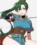  1girl earrings fingerless_gloves fire_emblem fire_emblem:_the_blazing_blade gloves green_eyes green_hair hand_guard highres holding holding_sword holding_weapon jewelry long_hair looking_at_viewer lyn_(fire_emblem) open_mouth peach11_01 pelvic_curtain ponytail sitting smile solo sword thighs undershirt very_long_hair watermark weapon 