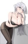 1921494015 1girl absurdres arm_under_breasts bangle bare_arms bare_shoulders black_bra black_pantyhose blunt_ends bow bow_bra bra bracelet breast_hold breasts cheek_rest cleavage earrings feet_out_of_frame grey_background grey_eyes grey_hair grin gundam gundam_suisei_no_majo hair_between_eyes hand_on_own_face highres jewelry lactation large_breasts leaning_forward long_hair looking_at_viewer midriff miorine_rembran necklace nipple_slip nipples pantyhose parted_lips seamed_legwear smile solo strap_slip stud_earrings teeth thighs two-tone_background underwear white_background 
