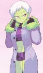  1girl cheelai clenched_hands coat colored_skin dragon_ball dragon_ball_super dragon_ball_super_broly fur-trimmed_hood fur-trimmed_sleeves fur_trim green_skin hands_up highres hood inkerton-kun looking_to_the_side midriff navel purple_background purple_coat purple_eyes purple_shorts short_hair shorts standing white_hair 