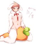  1boy :o ahoge alternate_costume amido_(compassion273) animal_ears bangs blush brown_eyes carrot carrot_pillow clothing_request danganronpa_(series) danganronpa_2:_goodbye_despair dated groin heart_pasties highres hinata_hajime hood hood_down looking_at_viewer male_focus male_playboy_bunny meme_attire navel pasties pillow rabbit_ears reverse_bunnysuit reverse_outfit shiny shiny_hair short_hair sitting solo translation_request 
