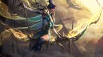 1girl absurdres animal ashe_(league_of_legends) bangs bird black_hair breasts closed_mouth day detached_sleeves dress glowing gold_trim green_dress green_thighhighs hair_bun hair_ornament hair_stick highres league_of_legends long_hair lunar_empress_ashe magic medium_breasts multicolored_clothes multicolored_dress ocean official_alternate_costume official_art outdoors rope shiny shiny_hair ship single_hair_bun solo standing thighhighs watercraft white_dress 