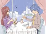  1boy 1girl blue_hair blue_sky breasts chair closed_eyes cloud couple curtains erza_scarlet fairy_tail formal glass hair_between_eyes hetero jellal_fernandes long_hair long_sleeves mashima_hiro necktie parfait pink_shirt plate red_hair shirt short_hair sky smile spiked_hair table turtleneck window 