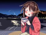  1girl artist_logo black_sweater brown_hair closed_eyes commentary_request cowboy_shot cup furutaka_(kancolle) gradient_sky grey_pants hanten_(clothes) kantai_collection kutone_shirika landscape night outdoors pants short_hair sky smile solo spark sweater teacup 