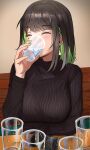  1girl black_hair black_sweater blush breasts cellphone closed_eyes colored_inner_hair commentary cup drinking earrings english_commentary fingernails green_hair green_nails hair_intakes highres holding holding_cup jewelry long_sleeves looking_at_viewer medium_breasts miru_(ormille) mole mole_under_eye multicolored_hair original ormille phone ribbed_sweater short_hair solo sweater table turtleneck turtleneck_sweater two-tone_hair water 