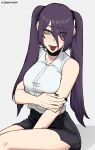  1girl alternate_hairstyle artist_name bangs black_choker black_nails black_shorts blush chainsaw_man choker collared_shirt eyes_visible_through_hair green_eyes grenade_pin hair_between_eyes hand_on_own_arm highres k3nnyn3v long_hair looking_at_viewer purple_hair reze_(chainsaw_man) sharp_teeth shirt shirt_tucked_in shorts simple_background sitting sleeveless sleeveless_shirt solo teeth twintails white_background white_shirt 