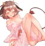  1girl animal_ears bare_shoulders barefoot blush brown_hair closed_eyes collarbone cow_ears cow_girl cow_horns cow_tail facing_viewer highres holmy_(show_by_rock!!) horns japanese_clothes kimono knees_up long_sleeves nyama off_shoulder open_mouth show_by_rock!! simple_background solo tail wavy_mouth white_background white_kimono wide_sleeves 