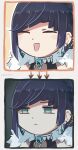  1girl artist_name bangs bare_shoulders black_hair blunt_bangs braid chibi choker diagonal_bangs earrings far_cry far_cry_5 fur_collar fur_trim genshin_impact highres jewelry laughing medium_hair meme portrait solo unamused xinzoruo yelan_(genshin_impact) 