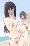  2girls absurdres asakura_nuruma beach bikini bikini_tug black_hair blue_eyes blue_sky blurry blurry_background blush braid breasts cleavage clothes_lift depth_of_field expressionless feet_out_of_frame finger_to_own_chin hair_between_eyes hair_ornament highres innertube makinohara_shouko medium_breasts midriff multiple_girls navel outdoors rabbit_hair_ornament red_bikini sakurajima_mai sand see-through see-through_shirt seishun_buta_yarou shirt shirt_lift shirt_removed single_braid sky smile stomach string_bikini string_pull swimsuit thighs watch water wet wet_face wet_hair white_bikini white_shirt wide_hips wristwatch yellow_innertube 