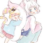  &gt;_&lt; 2girls :d aged_down animal_ear_fluff animal_ears apron black_bow blonde_hair blue_apron blue_pants blue_shirt blush_stickers bow cat_ears cat_girl cat_tail closed_eyes feet_out_of_frame fox_ears fox_girl fox_tail hair_bow highres howan_(show_by_rock!!) kindergarten_uniform long_sleeves looking_back mashima_himeko_(show_by_rock!!) multicolored_hair multiple_girls nyama pants pink_hair pleated_skirt ponytail puffy_long_sleeves puffy_sleeves red_skirt shirt short_eyebrows show_by_rock!! simple_background skirt smile squatting standing standing_on_one_leg striped_tail tail teeth thick_eyebrows twintails two-tone_hair upper_teeth white_background white_hair white_shirt xd 