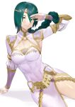  1girl abs bangs braid braided_ponytail breasts circlet cleavage dress fire_emblem fire_emblem_heroes fuji_nyaga gem gold_trim green_hair hair_ornament hand_on_floor hand_over_face highres leaning_back lips long_hair looking_at_viewer lying medium_breasts on_floor on_side single_braid skin_tight solo stomach thighs thorr_(fire_emblem) white_background white_dress yellow_eyes 