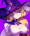  benzbt breasts brown_hair cleavage genshin_impact green-eyes hat highres large_breasts light_smile lisa_(genshin_impact) looking_at_viewer purple_headwear witch_hat 