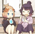  2girls abigail_williams_(fate) abigail_williams_(traveling_outfit)_(fate) bandaid bandaid_on_face bandaid_on_forehead bangs black_bow black_jacket blonde_hair blue_eyes blush bow burnt_tongue chopsticks closed_eyes commentary_request crossed_bandaids cup_ramen eating fate/grand_order fate_(series) feet_out_of_frame food grey_hoodie hair_bow hair_bun highres holding holding_chopsticks hood hood_down hoodie instant_ramen izuchi_nanchi jacket katsushika_hokusai_(fate) katsushika_hokusai_(traveling_outfit)_(fate) long_hair looking_at_another multiple_girls multiple_hair_bows noodles official_alternate_costume orange_bow pants parted_bangs purple_hair ramen single_hair_bun sitting sleeves_past_wrists steam 