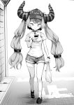  1girl asymmetrical_legwear bag bracelet breasts cellphone collar demon_horns denim denim_shorts greyscale hat highres holding holding_bag hololive horns jewelry la+_darknesss long_hair mitsuru_(pixiv_34028718) monochrome petite phone plastic_bag road_sign shirt short_shorts shorts sign single_thighhigh small_breasts smartphone solo striped_horns t-shirt thighhighs twintails very_long_hair virtual_youtuber 