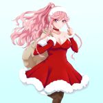  1girl absurdres bangs bare_shoulders braid breasts choker christmas cleavage cowboy_shot dress fire_emblem fire_emblem_awakening fur_trim hair_ornament hairband highres holding holding_sack long_hair looking_at_viewer medium_breasts olivia_(fire_emblem) pink_eyes pink_hair ponytail red_dress sack santa_dress seityr side_braid simple_background smile solo thighhighs twin_braids 