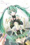  1girl 2020 :o ai_dee_(vocaloid) anode_electronica_(module) bangs blurry blurry_foreground blush clothing_cutout confetti crop_top detached_sleeves green_eyes green_hair happy_birthday hatsune_miku highres long_hair long_sleeves looking_at_viewer midriff nagitofuu nail_polish navel open_mouth party_popper pleated_skirt skirt sleeveless sleeveless_jacket thighhighs twintails very_long_hair vocaloid 