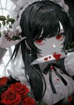  1girl bangs black_hair black_ribbon breasts commentary flower frills gothic hand_up highres jewelry knife_in_mouth leaf long_hair looking_at_viewer maid maid_headdress multiple_rings nail_polish neck_ribbon original red_eyes red_flower red_nails red_rose ribbon ring rose shirt small_breasts solo symbol-only_commentary symbol-shaped_pupils teeth upper_body yumeno_yume 