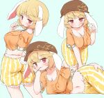  1girl animal_ears aqua_background arinu blonde_hair blush breasts brown_headwear cabbie_hat cleavage closed_mouth collarbone floppy_ears groin hat highres large_breasts multiple_views navel orange_shirt rabbit_ears red_eyes ringo_(touhou) shirt short_hair short_sleeves shorts simple_background smile striped striped_shorts touhou vertical-striped_shorts vertical_stripes yellow_shorts 