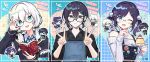  1boy 2girls adjusting_eyewear aiba_uiha apron ars_almal bespectacled black-framed_eyewear black_bow black_hair black_shirt blue_bow blue_eyes blue_hair blue_nails blue_overalls book bow braid chibi chibi_inset double_v glasses hair_bow highres holding holding_book holding_spoon low_twintails mayuzumi_kai mole mole_under_eye multicolored_hair multiple_girls nijisanji off-shoulder_sweater off_shoulder one_eye_closed open_mouth overalls shirt short_ponytail smile spoon streaked_hair sweater twintails v virtual_youtuber waka_(wk4444) white_hair white_sweater 