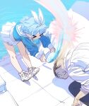  &gt;_&lt; 1boy 1girl arona_(blue_archive) bent_over blue_archive blue_hair blue_shirt bow_(bhp) closed_mouth hairband hitting holding long_sleeves revision sensei_(blue_archive) shirt shoes short_hair skirt sneakers standing white_footwear white_hairband white_shirt white_skirt 