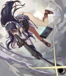  1girl aiming ass bare_legs black_hair black_panties closed_mouth cloud cloudy_sky commentary exia_(nikke) from_below full_body glint glowing glowing_eye goddess_of_victory:_nikke grey_sky gun hair_between_eyes headphones highres holding holding_gun holding_weapon jacket long_hair midair no_pants one_eye_closed panties purple_eyes rifle sandals shope sky sniper_rifle solo tablet_pc tactical_clothes thong underwear wavy_mouth weapon white_jacket 
