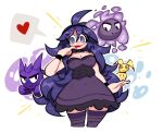  1girl @_@ adapted_costume alternate_breast_size black_dress breasts cleavage dress gastly hairband haunter hex_maniac_(pokemon) highres kaziedell large_breasts long_dress messy_hair mimikyu pokemon pokemon_(game) pokemon_xy purple_eyes purple_hair purple_hairband 