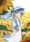 1girl absurdres bangs blue_eyes blue_hair blurry blurry_foreground blush building cloud collared_dress dress falling_petals field flower flower_field hand_on_own_cheek hand_on_own_face hat hat_ribbon hatsune_miku highres holding holding_flower long_hair looking_at_viewer nagitofuu necktie open_mouth petals ribbon short_sleeves sky solo summer_memories_(module) sunflower time_machine_(vocaloid) twintails vocaloid wind 