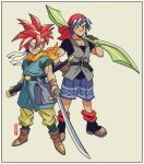  2boys blue_hair chrono_cross chrono_trigger crono_(chrono_trigger) highres holding holding_sword holding_weapon multiple_boys multiple_swords red_hair ryan_jampole serge_(chrono_cross) silent_protagonist spiked_hair square_enix sword weapon 