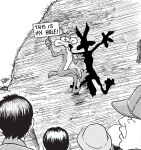  ashbelero black_hair coyote derivative_work english_commentary english_text greyscale holding holding_sign looking_at_viewer looney_tunes manga_panel_redraw monochrome outdoors parody short_hair sign the_enigma_of_amigara_fault wile_e_coyote 