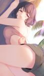  1girl ass blush breasts brown_hair komone_ushio looking_at_viewer open_mouth original outdoors purple_eyes short_hair shorts solo summer sweat swimsuit thighs 