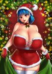  1girl absurdres bangs bare_shoulders blue_hair blunt_bangs breasts christmas_ornaments cleavage curvy detached_collar dress erkaz fur-trimmed_headwear fur_trim gloves hat highres huge_breasts open_mouth original red_eyes red_gloves red_headwear rina_atherina santa_costume santa_dress santa_hat solo strapless strapless_dress thighhighs 