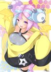  1girl bow-shaped_hair character_hair_ornament grey_pantyhose hair_ornament hexagon_print highres iono_(pokemon) jacket long_hair low-tied_long_hair mozya multicolored_hair oversized_clothes pantyhose pink_eyes pink_hair pokemon pokemon_(game) pokemon_sv sharp_teeth shirt single_leg_pantyhose sleeveless sleeveless_shirt sleeves_past_fingers sleeves_past_wrists solo teeth twintails two-tone_hair very_long_hair very_long_sleeves x yellow_jacket 
