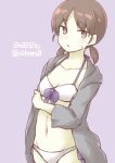  1girl akara_kai bangs bikini breasts brown_eyes brown_hair dated front-tie_bikini_top front-tie_top grey_background grey_jacket highres hood hooded_jacket hoodie jacket kantai_collection low_twintails one-hour_drawing_challenge parted_bangs shirayuki_(kancolle) short_twintails small_breasts solo swimsuit twintails twitter_username white_bikini 