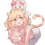  3girls :d aged_down animal_ears animal_hat ass baby bangs black_pants blonde_hair blue_eyes blush_stickers bow brown_eyes cat_ears cat_girl cat_tail fake_animal_ears fox_tail grey_hair hair_between_eyes hat hat_bow highres howan_(show_by_rock!!) leaning_forward long_hair looking_away looking_up mashima_himeko_(show_by_rock!!) multicolored_hair multiple_girls nyama on_head pacifier pants pink_hair pink_headwear pink_sweater red_bow ribbed_sweater ruhuyu_(show_by_rock!!) short_eyebrows show_by_rock!! side_ponytail simple_background smile striped_tail sweater tail thick_eyebrows thumb_sucking turtleneck turtleneck_sweater two-tone_hair v-shaped_eyebrows white_background 