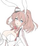  1girl alternate_costume animal_ears blue_eyes breasts brown_hair cleavage hair_ornament halcon kantai_collection large_breasts looking_at_viewer neck_ribbon open_mouth playboy_bunny ponytail rabbit_ears rabbit_tail red_ribbon ribbon saratoga_(kancolle) simple_background solo tail upper_body white_background 