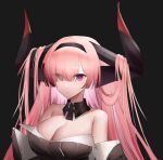  1girl azur_lane bare_shoulders black_background black_dress black_horns breasts cleavage detached_collar dress eyes_visible_through_hair hair_on_horn highres horns huge_horns large_breasts long_hair long_horns looking_at_viewer mechanical_horns pink_hair prinz_rupprecht_(azur_lane) purple_eyes simple_background solo upper_body youyouyoupai 
